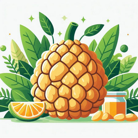 Citrus fruit vector illustration on white background. Pineapple, orange, honey and leaves.のイラスト素材