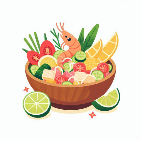 Salad with shrimp, cucumber, tomato and lemon in a wooden bowl. Vector illustrationのイラスト素材