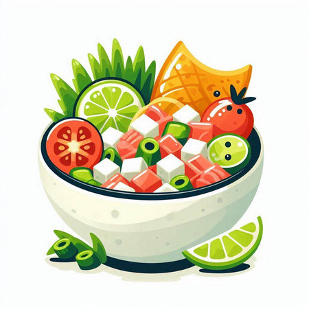 Vegetarian salad in a bowl. Vector illustration isolated on white background.のイラスト素材