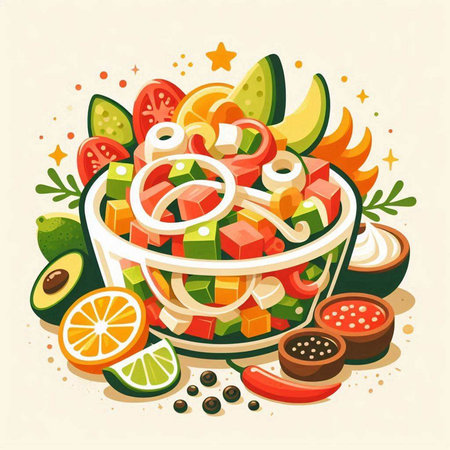 Salad of avocado, tomato, cucumber, onion and pepper. Vector illustration.のイラスト素材