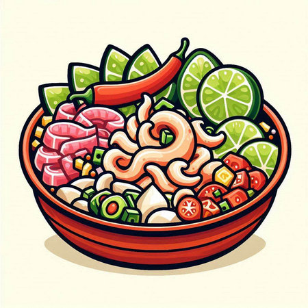 Illustration of a bowl of prawns, lime and vegetablesのイラスト素材