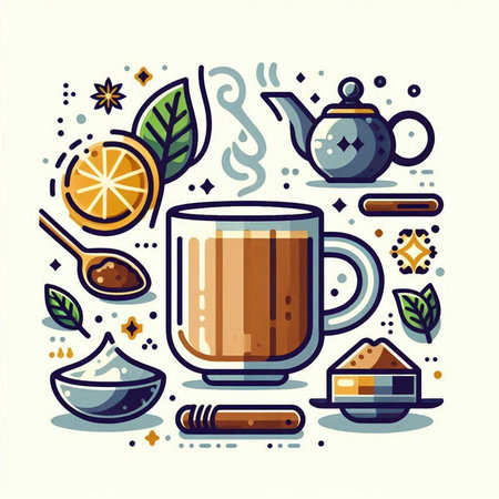 Cup of tea with tea accessories. Vector illustration in flat styleのイラスト素材