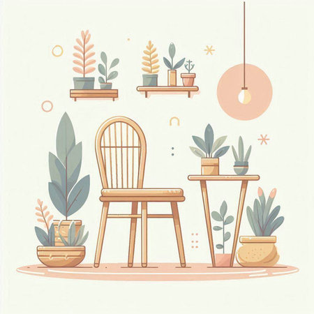 Vector illustration of home interior with furniture and plants in pots. Flat style.のイラスト素材