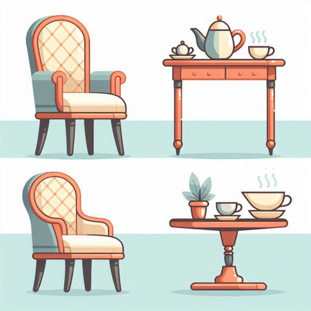 Illustration of a set of chairs and table with coffee cups.のイラスト素材