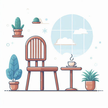 Vector illustration of a cozy home interior with a chair, a table, a cup of coffee and a flower potのイラスト素材