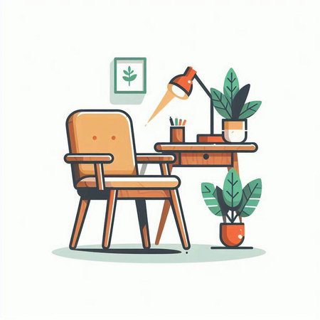 Office chair with table lamp and plant. Vector illustration in cartoon styleのイラスト素材