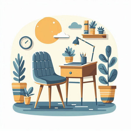 Modern office interior. Workplace with chair, desk, lamp and plants. Flat vector illustrationのイラスト素材