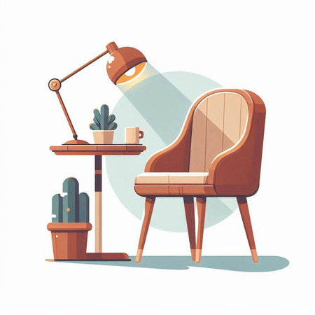 Home interior with armchair, table lamp and cactus. Vector illustration.のイラスト素材