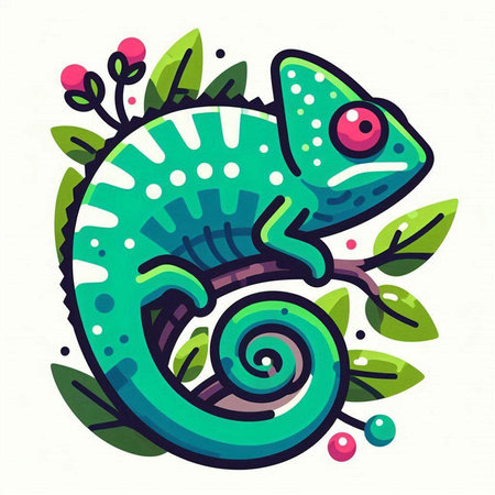 Colorful chameleon on a branch with leaves. Vector illustration.のイラスト素材