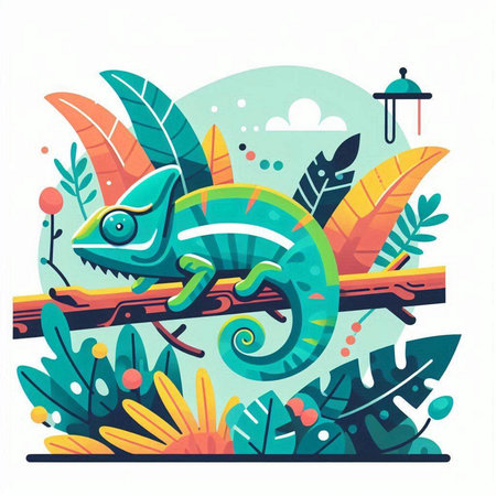 Chameleon on the branch. Vector illustration in flat style.のイラスト素材