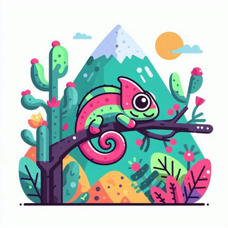 Cute cartoon chameleon on the tree. Vector illustration.のイラスト素材