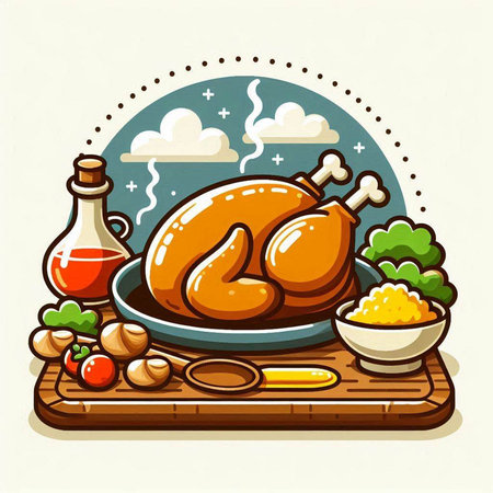 Roast chicken with ingredients for cooking. Vector illustration in cartoon style.のイラスト素材