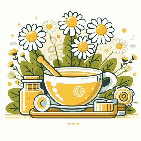 Cup of tea with honey and chamomile flowers. Vector illustration.のイラスト素材