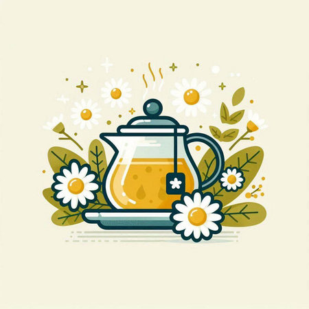 Tea in a glass teapot and chamomile flowers. Vector illustration.のイラスト素材