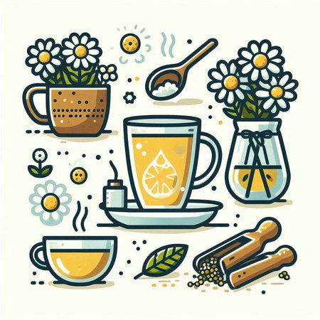 Vector set of tea icons in flat line style. Tea cup, honey, cinnamon sticks, camomile flowers, lemon, cinnamon sticks, spoon.のイラスト素材