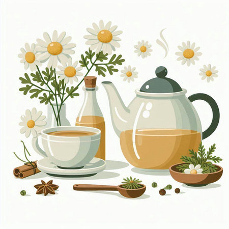 Herbal tea with chamomile and cinnamon. Vector illustration.のイラスト素材