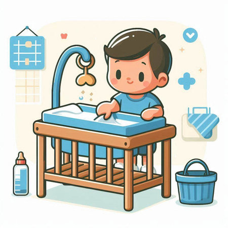 Illustration of a Cute Little Boy Playing with His Baby Bedのイラスト素材