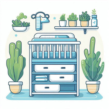Illustration of a baby room interior with furniture and plants. Vector illustration.のイラスト素材
