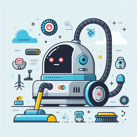 Robot vacuum cleaner and cleaning equipment. Flat design vector illustration.のイラスト素材