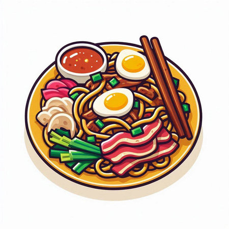 Noodles with pork, egg and vegetables. Vector illustration.のイラスト素材