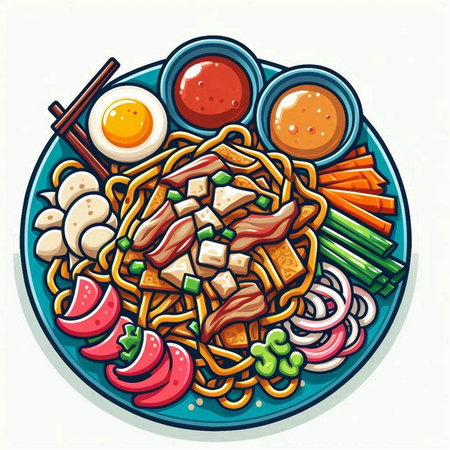Illustration of a plate of noodle with chopsticks and vegetables.のイラスト素材