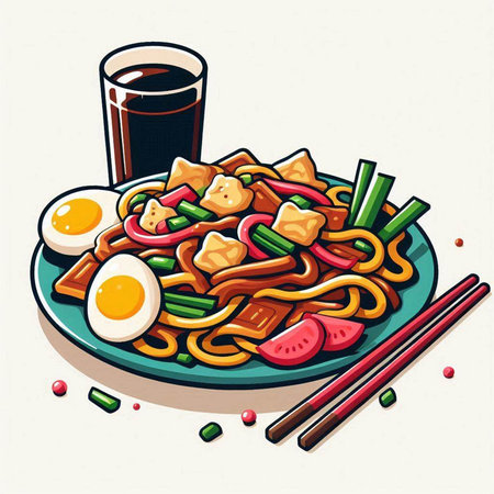 Noodles with vegetables, egg and soy sauce. Vector illustration.のイラスト素材