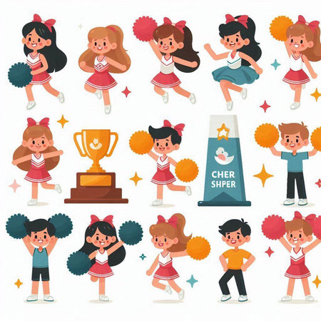 Cheerleaders and Trophy Set, Cute Cartoon Cheerleaders Characters Vector Illustrationのイラスト素材