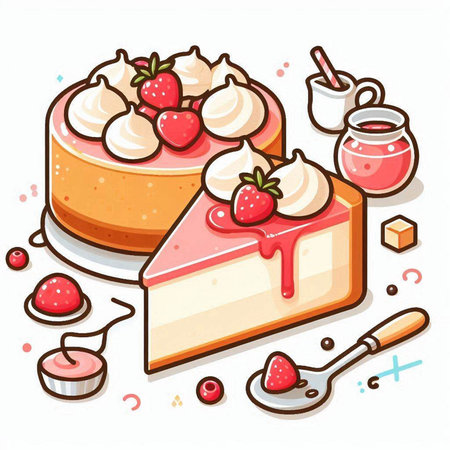 Vector illustration of a piece of cake with strawberries, cream and jamのイラスト素材