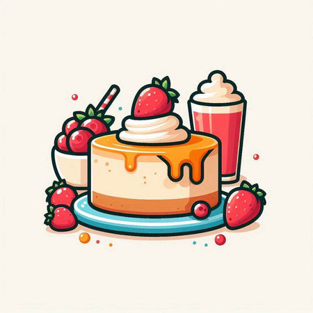 Cake with cream and strawberry. Vector illustration in cartoon style.のイラスト素材