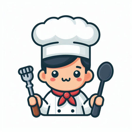 Chef boy with spoon and ladle. Cute cartoon vector illustration.のイラスト素材