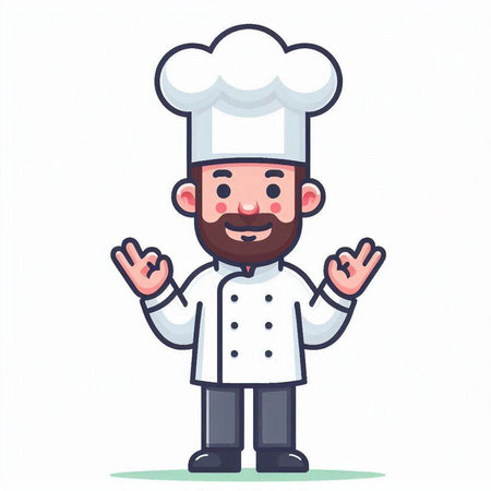 Chef man cartoon character in chef uniform and hat vector illustration.のイラスト素材