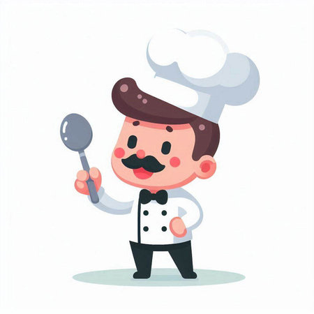 Cartoon chef with spoon and ladle. Vector illustration in flat style.のイラスト素材