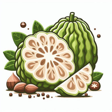 Illustration of fresh guava fruit with leaves and seeds isolated on white backgroundのイラスト素材