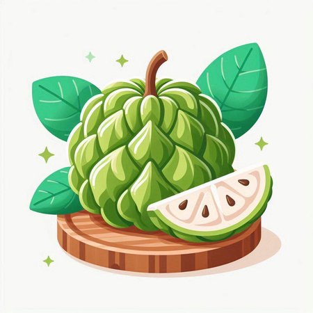 Custard apple on wooden cutting board with green leaves. Vector illustration.のイラスト素材