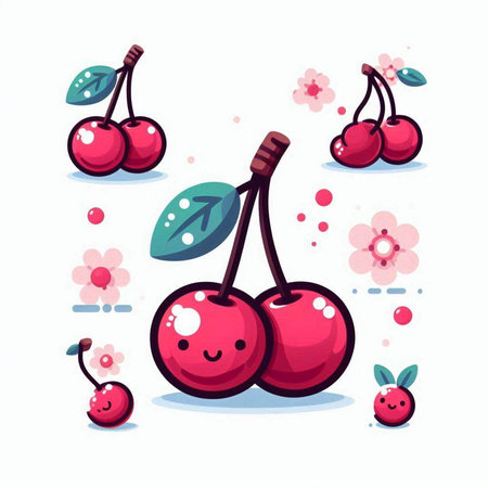 Cherry fruit vector illustration. Cute cartoon cherry fruit character.のイラスト素材