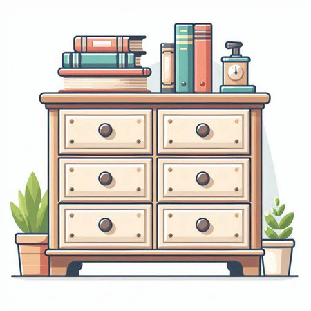 Wooden chest of drawers with books and plants. Vector illustrationのイラスト素材