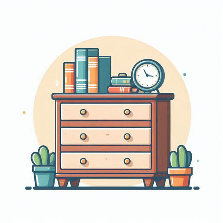 Vector illustration of a cabinet with books, clock and cactiのイラスト素材
