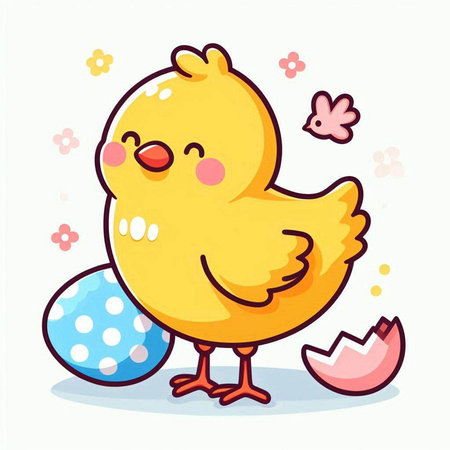 Cute little yellow chicken with easter egg. Vector illustration.のイラスト素材