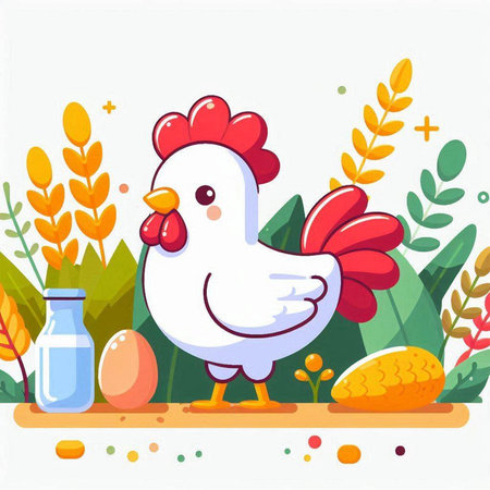 Cute cartoon chicken with eggs on the farm. Vector illustration.のイラスト素材