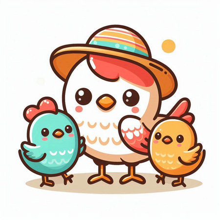 Chickens with chicks. Vector illustration. Cute cartoon character.のイラスト素材