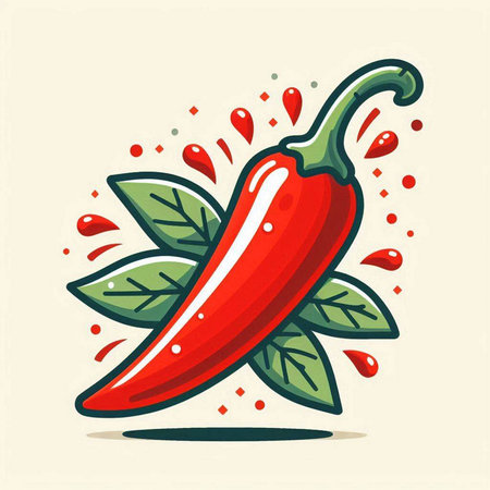 Chili pepper with leaves and drops of water. Vector illustration.のイラスト素材