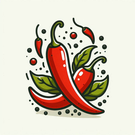 Hot chili pepper with green leaves and chilli powder. Vector illustrationのイラスト素材