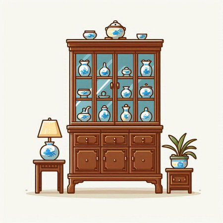 Illustration of an antique cabinet with a glass vase and a potのイラスト素材