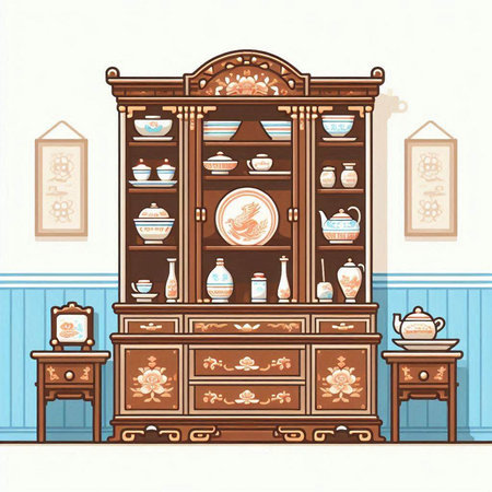 Vector illustration of the interior of the living room with a cupboard and a vaseのイラスト素材