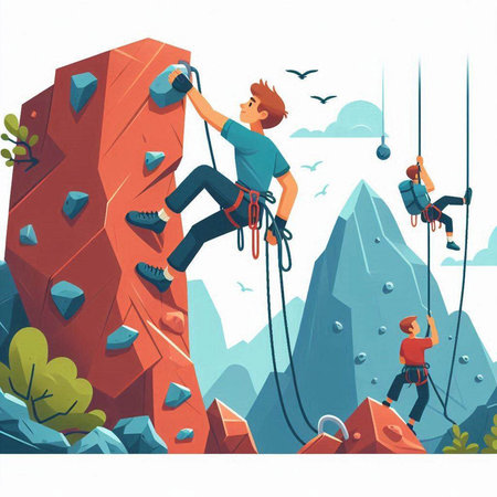 Climbing in the mountains. Cartoon vector illustration. Flat design.のイラスト素材