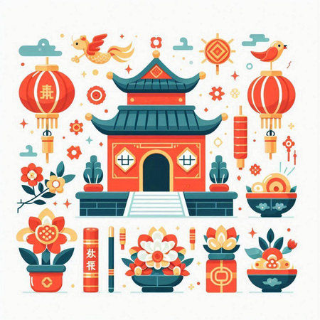 Vector illustration of Chinese New Year elements in flat style. Chinese symbols.のイラスト素材