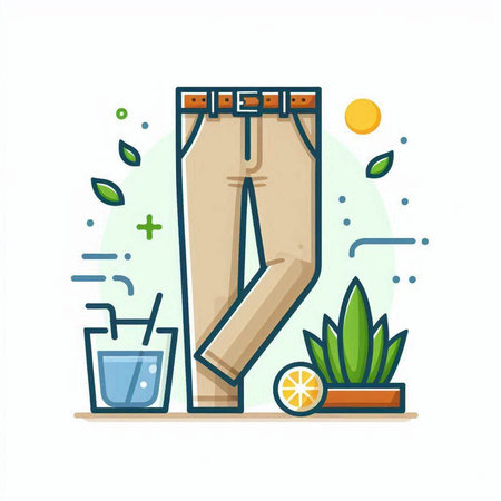 Vector illustration of jeans with a glass of juice and a plant.のイラスト素材