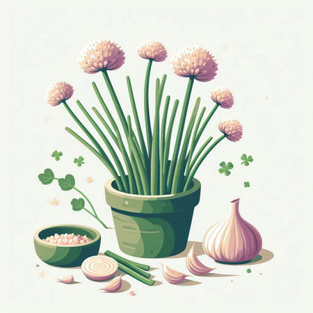 Illustration of a bunch of chives in a flower pot.のイラスト素材