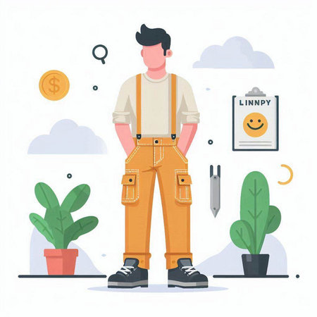 Vector flat cartoon style illustration of a young man in work overalls standing on the background of plants.のイラスト素材
