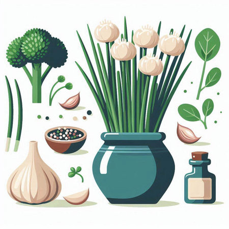 Illustration of vegetables and herbs in a pot on a white backgroundのイラスト素材